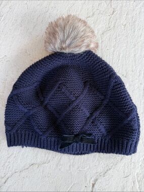 Children's Navy Knit Pom-Pom Hat with Decorative Bow